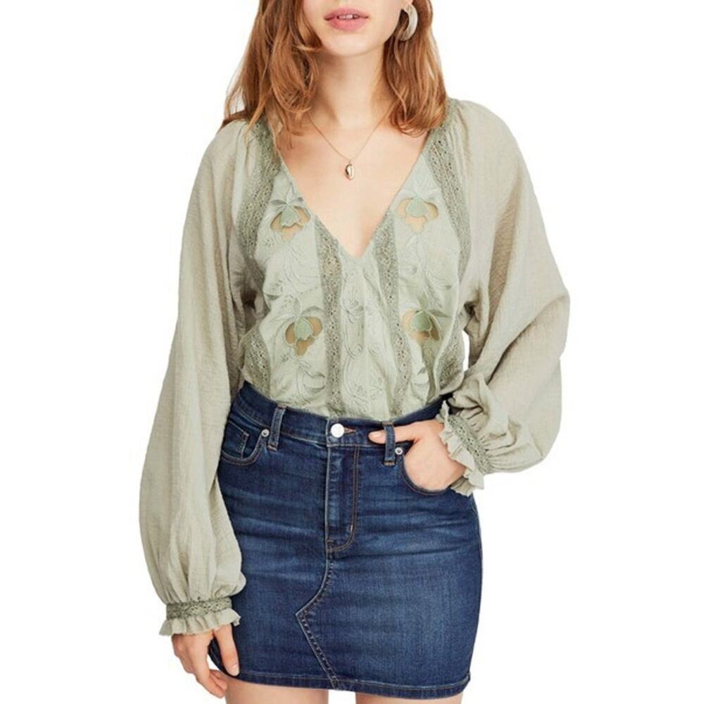 Free People Sivan Embroidered Blouse Sage Green Boho Size XS